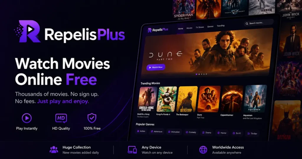 RepelisPlus streaming platform banner showing movies interface, HD streaming, and free online movie watching features